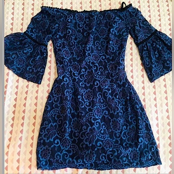 Navy Blue Off the Shoulder Lace Dress - Picture 1 of 2